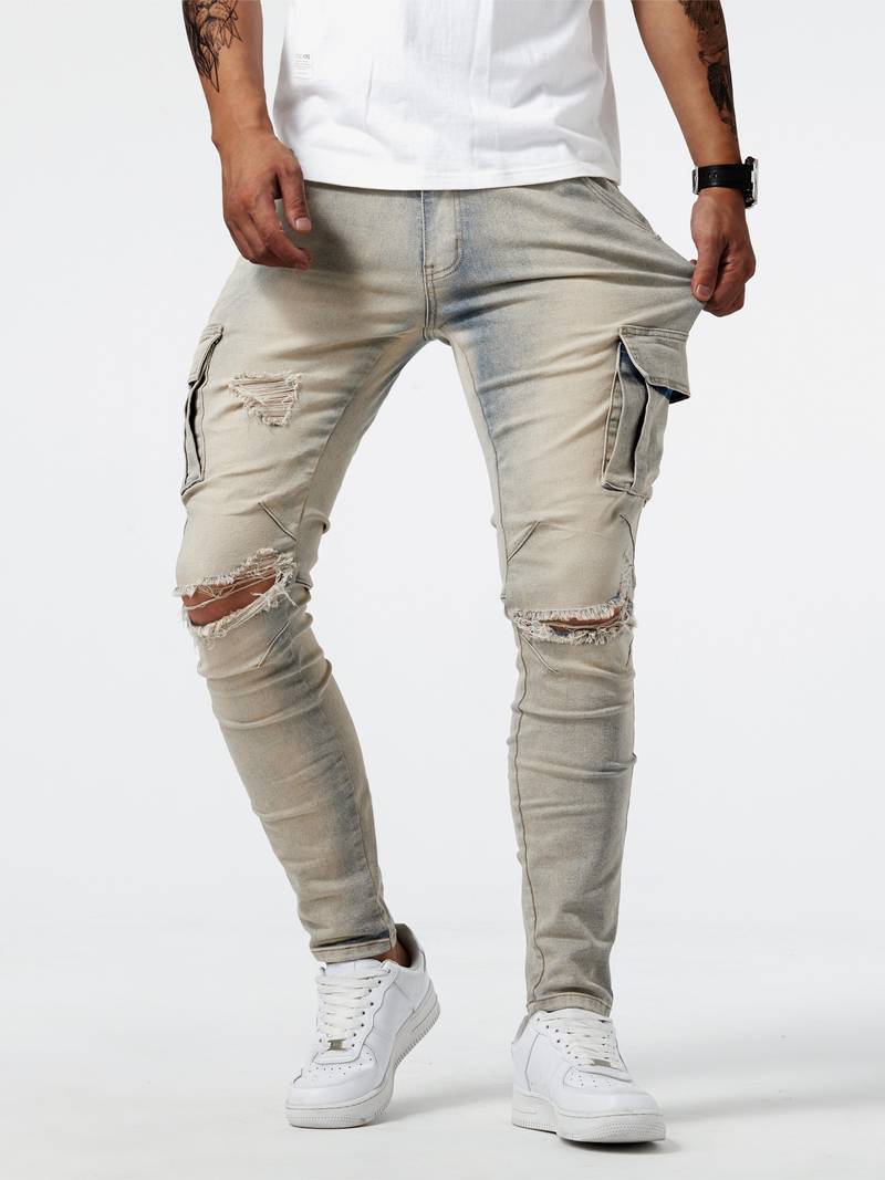 Herren Cargo Jeans Slim Fit mit Seitentaschen – Streetwear Hose für Freizeit & Alltag