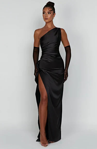 Elegantes One-Shoulder Abendkleid mit hohem Beinschlitz – Satinkleid für besondere Anlässe