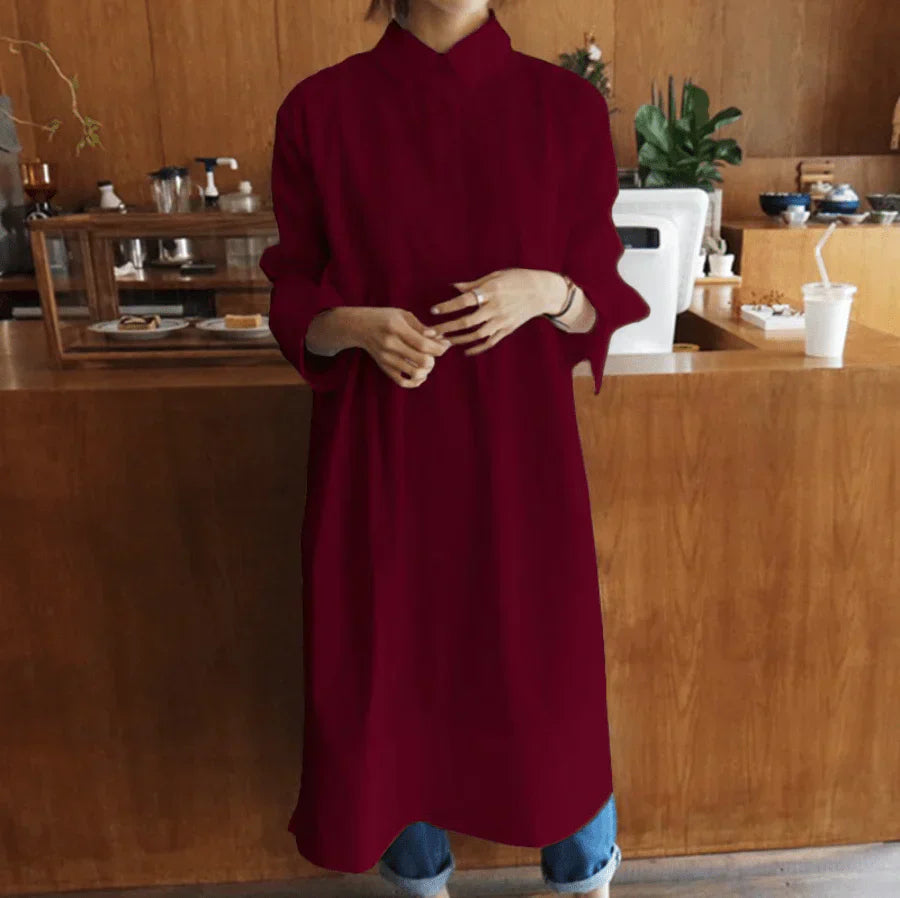 Oversized Hemdblusenkleid mit Stehkragen und 3/4-Ärmeln für Damen
