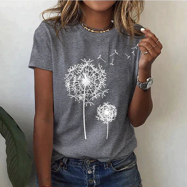 Damen T-Shirt mit Löwenzahn-Print – Bequemes Sommer Shirt mit Rundhalsausschnitt für Alltag & Freizeit