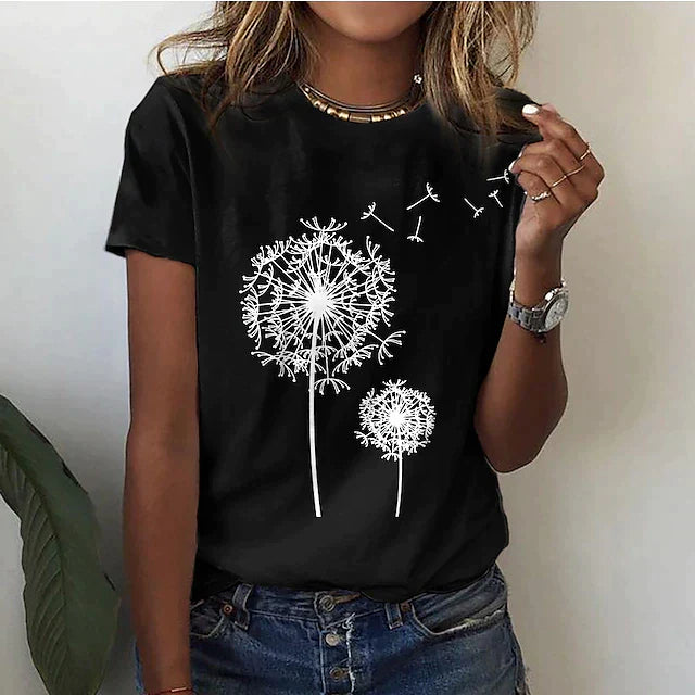 Damen T-Shirt mit Löwenzahn-Print – Bequemes Sommer Shirt mit Rundhalsausschnitt für Alltag & Freizeit