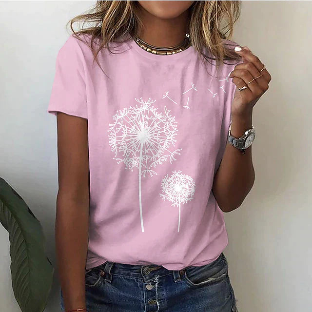 Damen T-Shirt mit Löwenzahn-Print – Bequemes Sommer Shirt mit Rundhalsausschnitt für Alltag & Freizeit