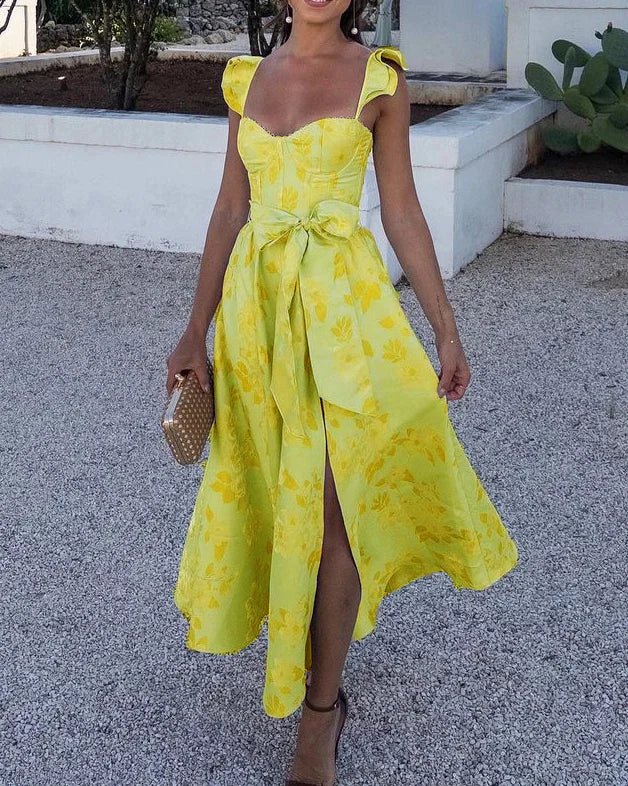 Damen Sommerkleid mit Schleife – Ärmelloses A-Linien Kleid mit Schlitz und Herzausschnitt
