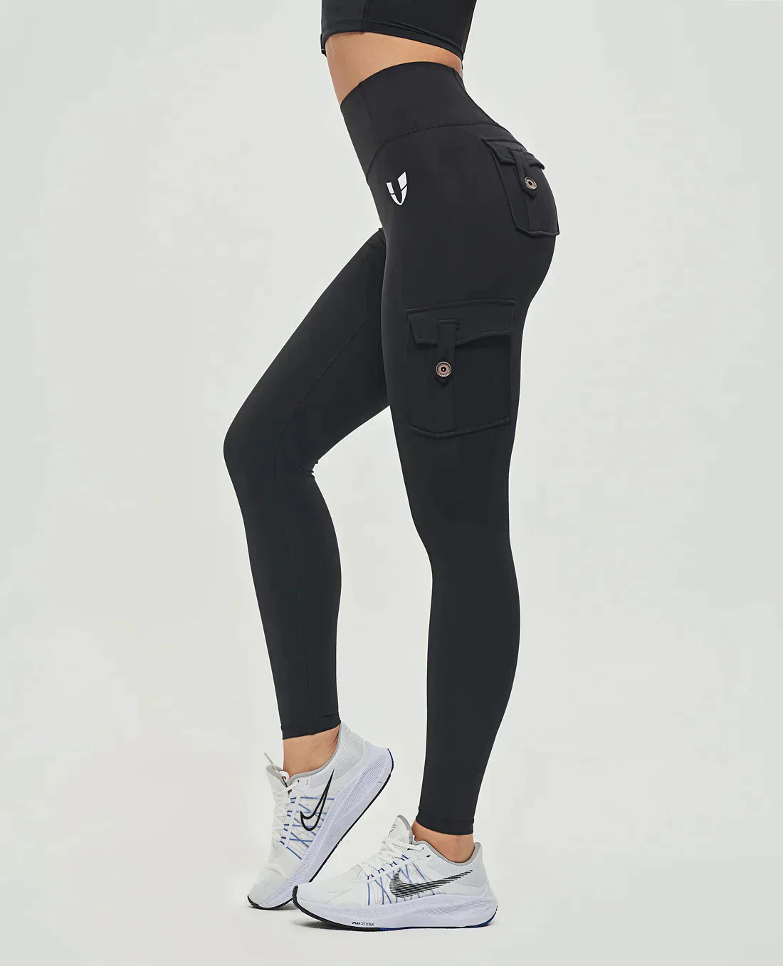 High-Waist Damen Sport Leggings mit Cargotaschen und figurformender Passform für Workouts und Freizeit