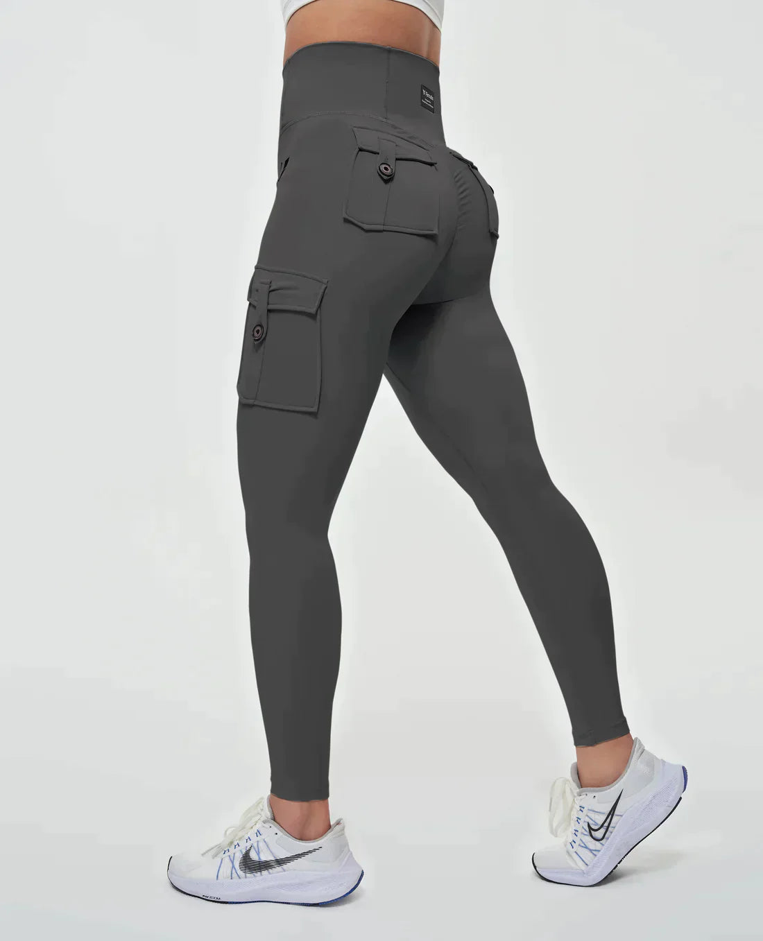 High-Waist Damen Sport Leggings mit Cargotaschen und figurformender Passform für Workouts und Freizeit