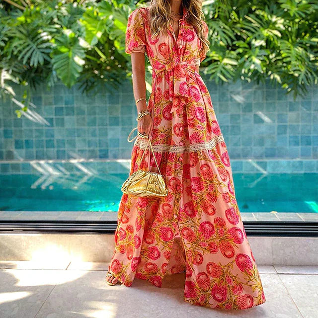 Boho Maxikleid mit floralem Muster – luftiges Sommerkleid für Urlaub & Strand