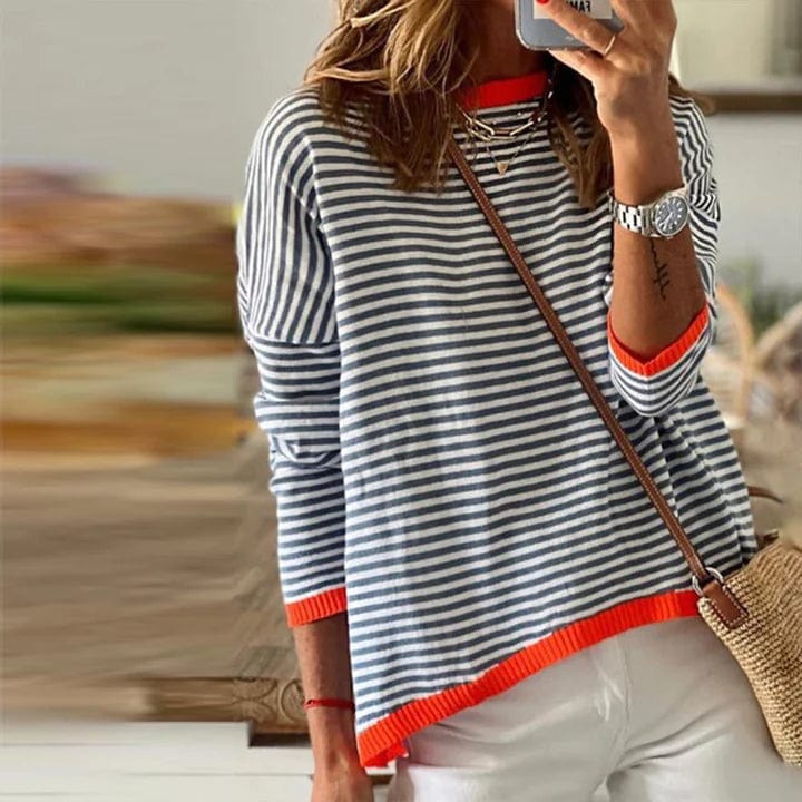 Inès Lavigne® - Blau gestreifter Pullover mit orangefarbenem Rand