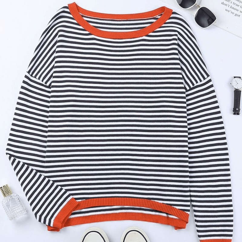 Inès Lavigne® - Blau gestreifter Pullover mit orangefarbenem Rand