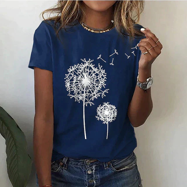 Damen T-Shirt mit Löwenzahn-Print – Bequemes Sommer Shirt mit Rundhalsausschnitt für Alltag & Freizeit