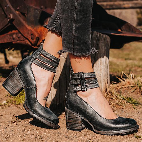 Vintage Blockabsatz Stiefeletten mit Doppelriemen – Boho Lederlook für Damen
