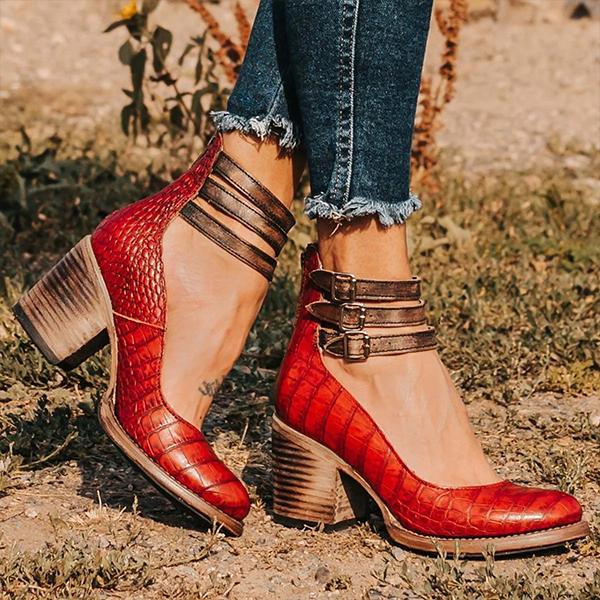Vintage Blockabsatz Stiefeletten mit Doppelriemen – Boho Lederlook für Damen