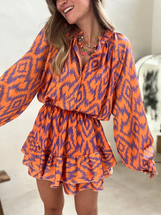 Boho Zweiteiler mit Rüschenrock – Luftiges Damen Set im Ethno-Muster für Sommer, Urlaub & Festivals