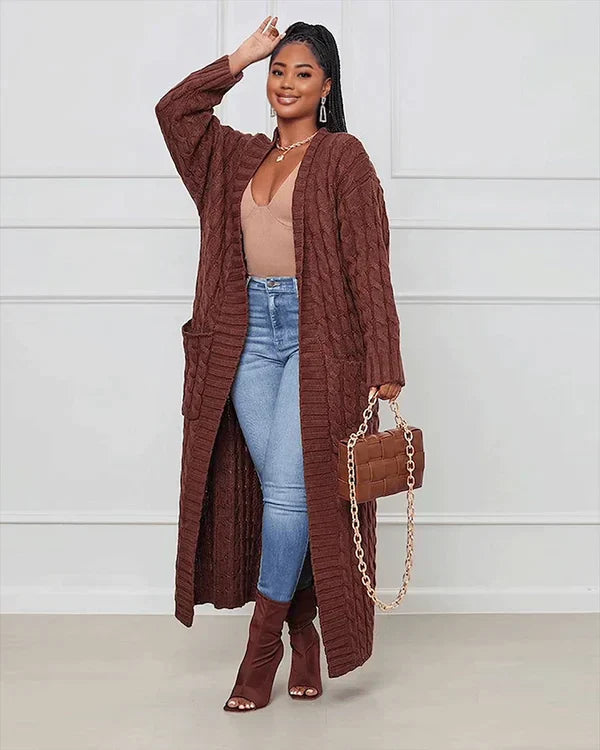 Langer Strick-Cardigan mit Zopfmuster & Taschen – Kuscheliger Oversize Mantel für Herbst, Winter & Freizeit