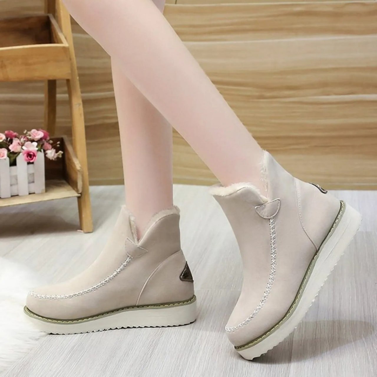 Lässige Flache Wildleder Stiefeletten mit Fell für Damen | Ideal für Alltag