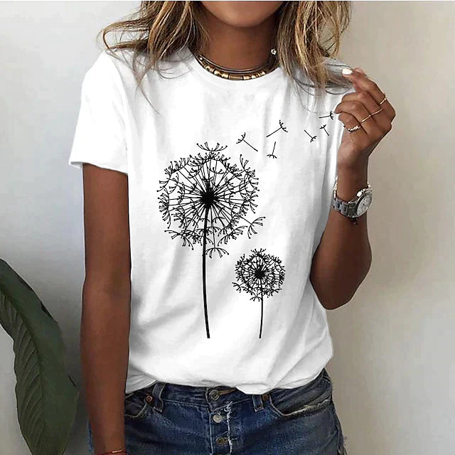 Damen T-Shirt mit Löwenzahn-Print – Bequemes Sommer Shirt mit Rundhalsausschnitt für Alltag & Freizeit