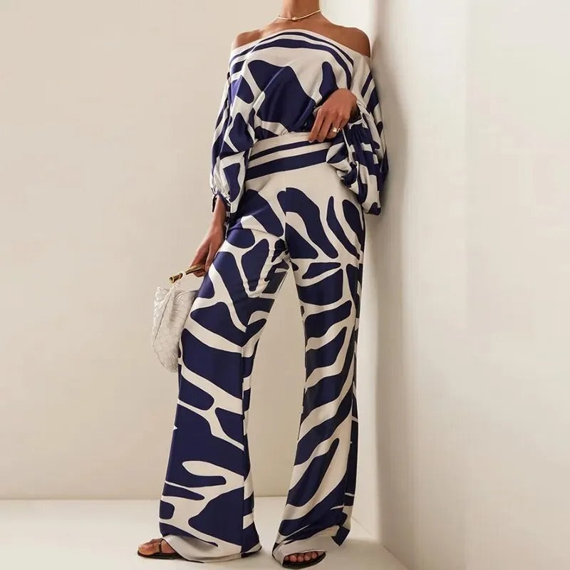 Zweiteiliges Damen Set mit asymmetrischem Oberteil & weitem Bein – Satiniertes Outfit im Retro-Style für Events & Sommer