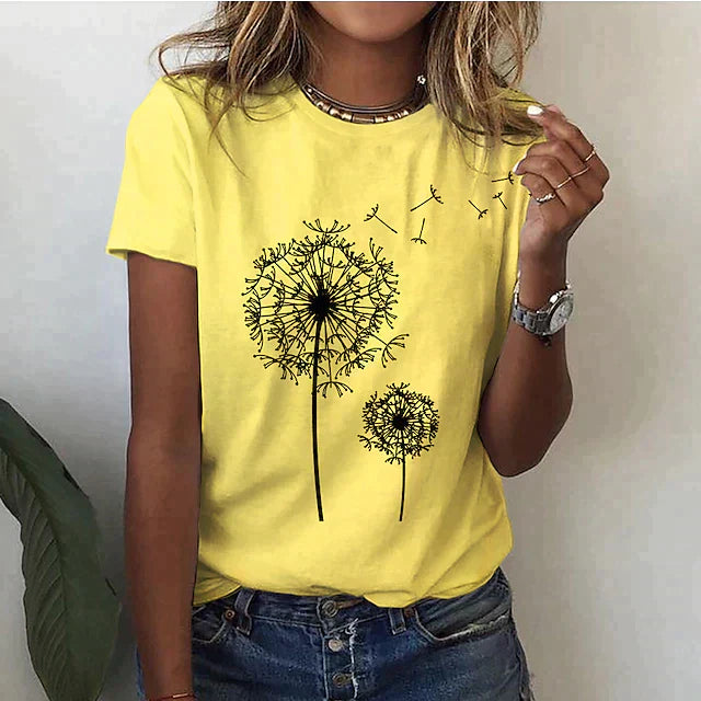 Damen T-Shirt mit Löwenzahn-Print – Bequemes Sommer Shirt mit Rundhalsausschnitt für Alltag & Freizeit