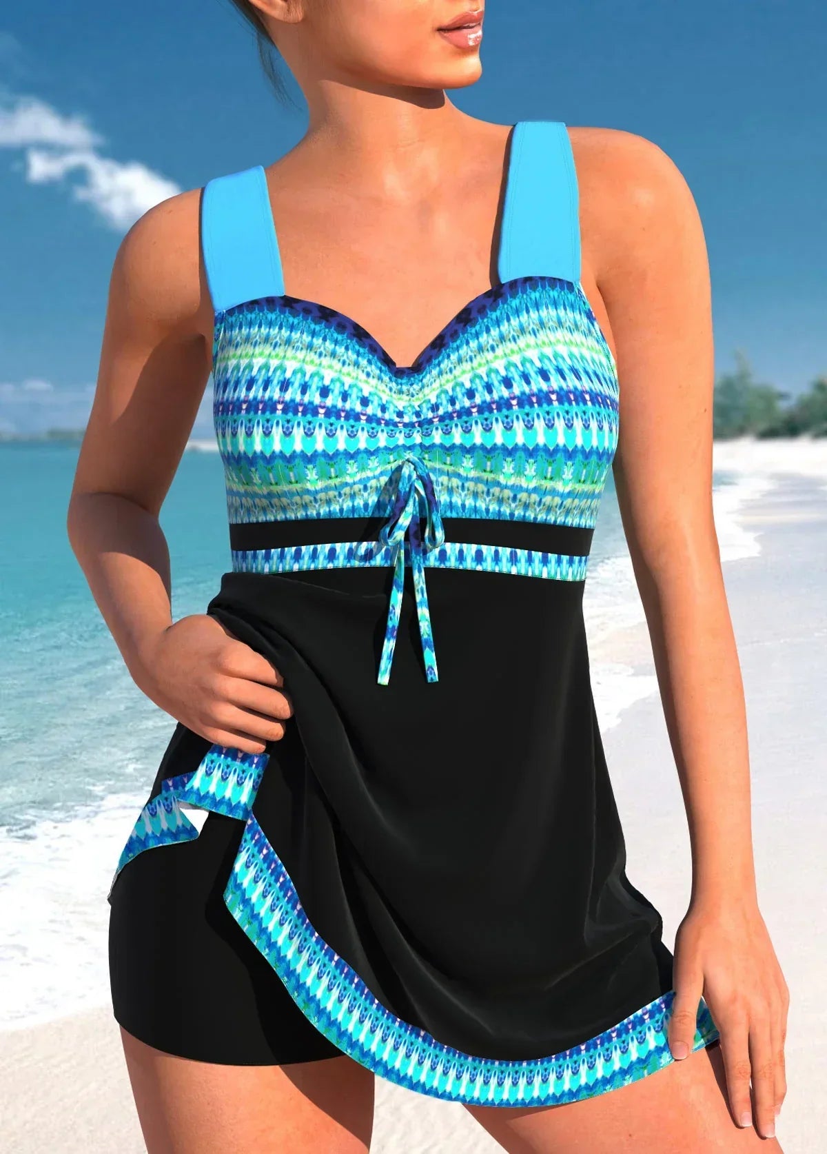 Figurformender Tankini mit ausgestelltem Rock & Ethno‑Muster – Maximaler Komfort & Stil