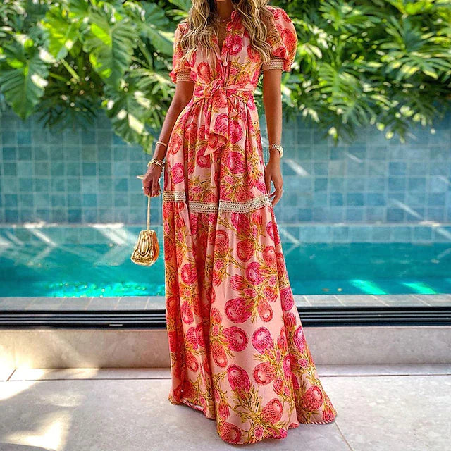 Boho Maxikleid mit floralem Muster – luftiges Sommerkleid für Urlaub & Strand