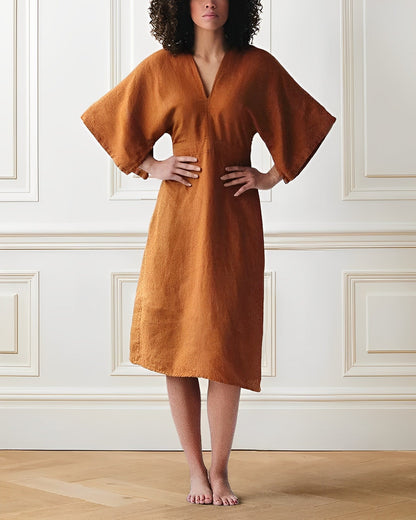 Leichtes Damen-Kleid mit V-Ausschnitt – Lockeres Leinen-Style Midikleid mit weitem Ärmel