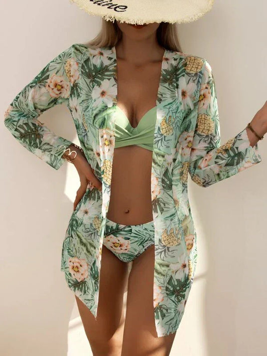 3-teiliges Damen Bikini-Set mit Tropenmuster – Inklusive Cardigan, Bikini Top & Hose für Sommer & Strand