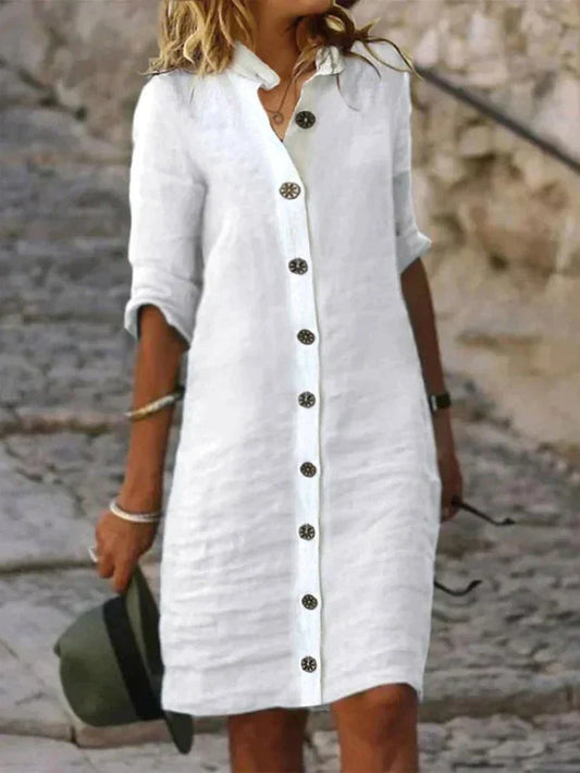 Leichtes Hemdblusenkleid mit Knopfleiste & Kragen – Sommerkleid im Leinen-Look für Urlaub & Alltag