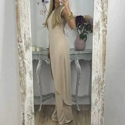 Eleganter ärmelloser Damen-Zweiteiler mit langem Überwurf und weitem Hosenbein – Perfekt für Abend, Events & Sommer