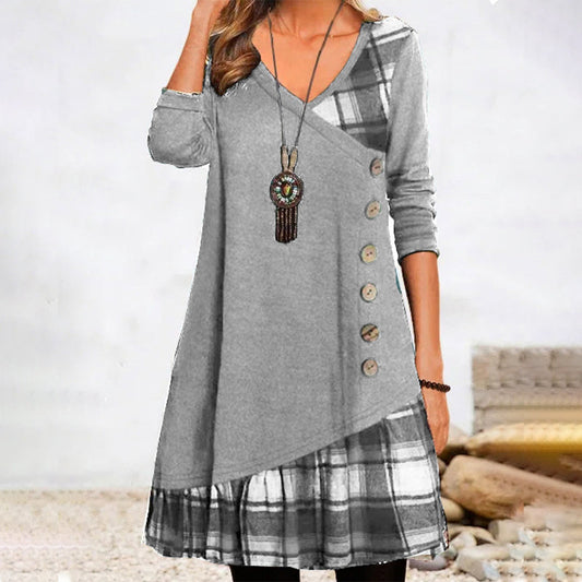 Asymmetrisches V‑Ausschnitt Tunika‑Kleid mit Knopf-Detail und Karomuster – Damen Freizeitkleid