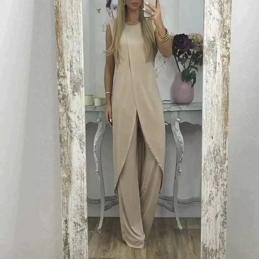 Eleganter ärmelloser Damen-Zweiteiler mit langem Überwurf und weitem Hosenbein – Perfekt für Abend, Events & Sommer