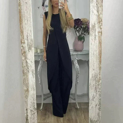 Eleganter ärmelloser Damen-Zweiteiler mit langem Überwurf und weitem Hosenbein – Perfekt für Abend, Events & Sommer