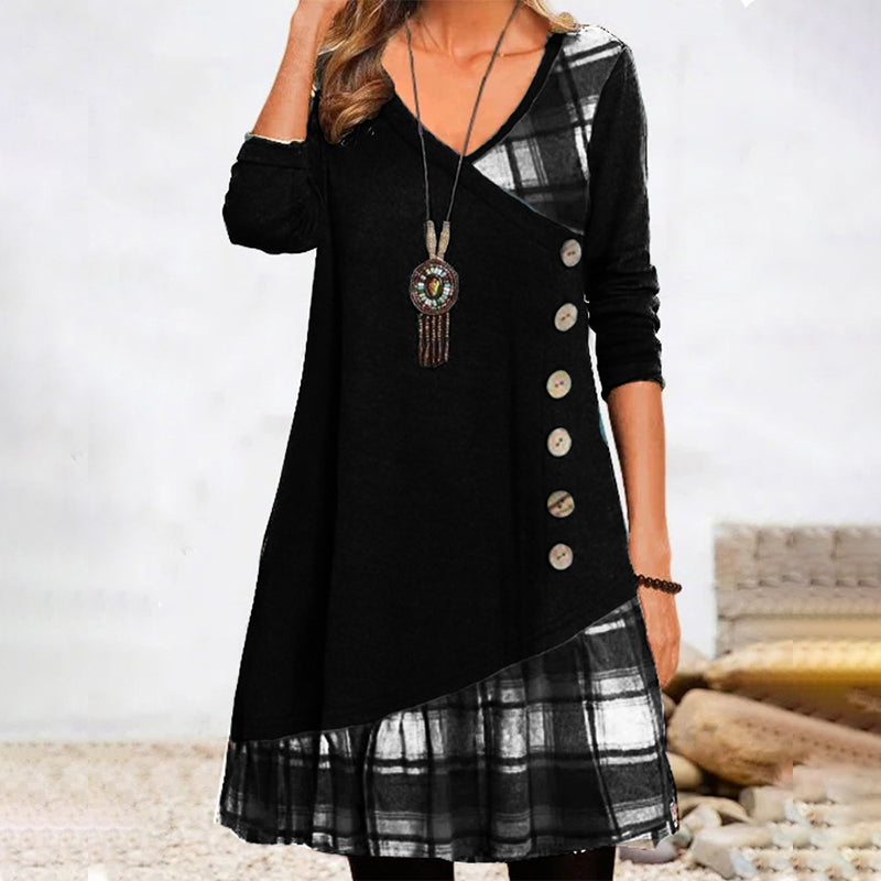 Asymmetrisches V‑Ausschnitt Tunika‑Kleid mit Knopf-Detail und Karomuster – Damen Freizeitkleid