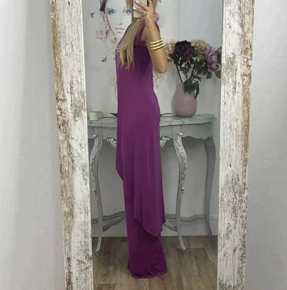 Eleganter ärmelloser Damen-Zweiteiler mit langem Überwurf und weitem Hosenbein – Perfekt für Abend, Events & Sommer