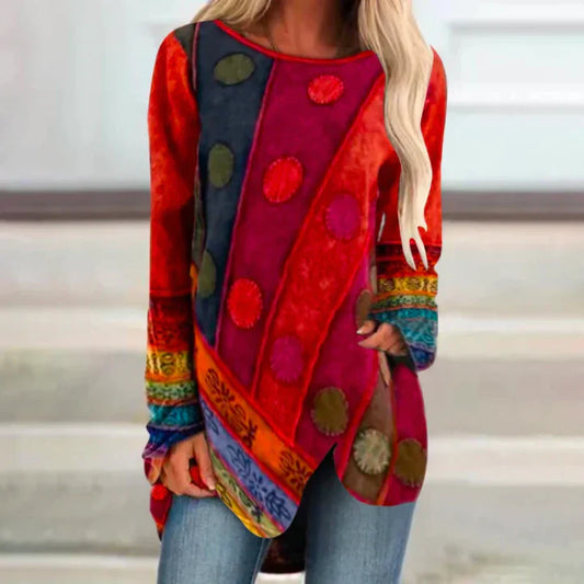 Boho Longsleeve Tunika mit abstraktem Muster & asymmetrischem Saum – Bequemer Oversize Pullover für Herbst & Freizeit