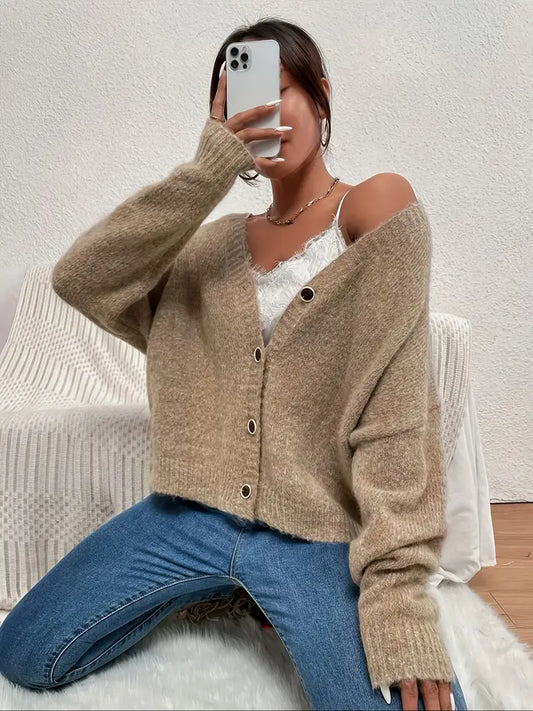 Kuscheliger Damen Strickcardigan mit V-Ausschnitt – Weicher Oversize Pullover mit Knopfleiste