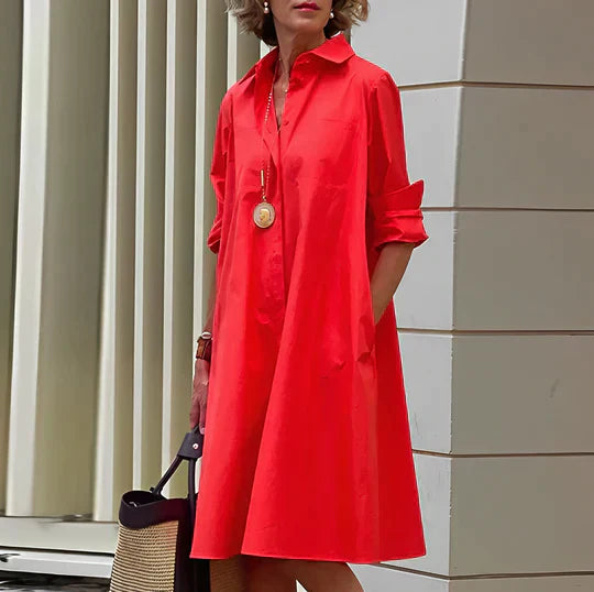 Lässiges Hemdblusenkleid mit floralen Akzenten und Taschen – A-Linien Sommerkleid für Alltag, Urlaub & Büro