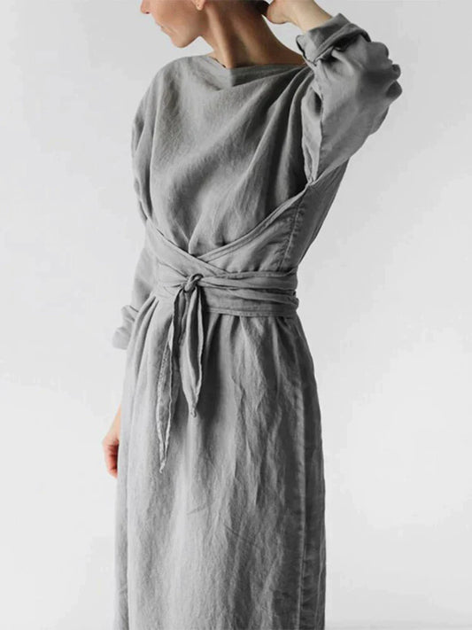 Elegantes Leinenkleid "LYDIA" mit Langarm und Gürtel – Handgefertigt
