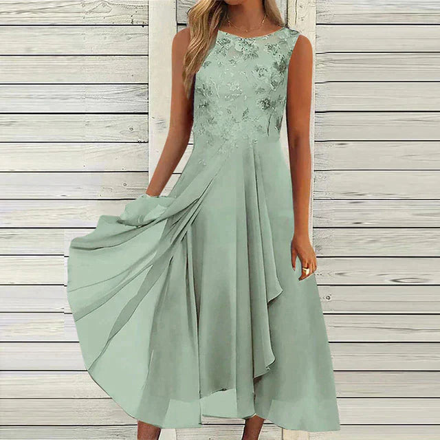 Elegantes Midi-Abendkleid für Damen – Ärmellos mit floralen Details & fließendem Rock