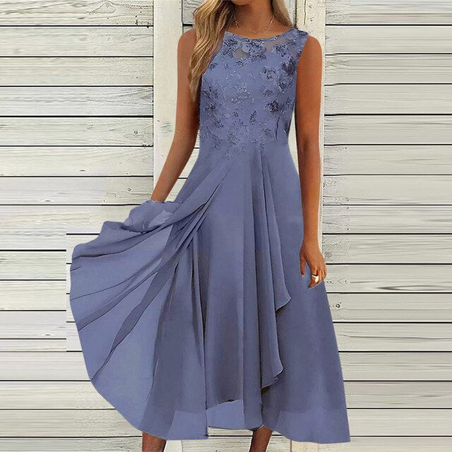 Elegantes Midi-Abendkleid für Damen – Ärmellos mit floralen Details & fließendem Rock