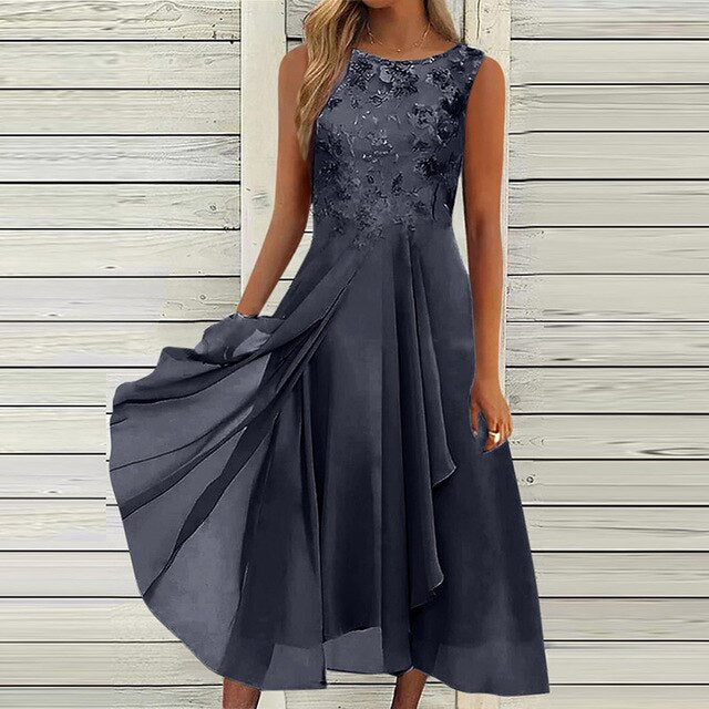 Elegantes Midi-Abendkleid für Damen – Ärmellos mit floralen Details & fließendem Rock