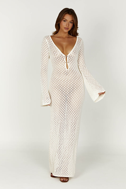 Damen Häkel-Strick Maxikleid – Langarm Strandkleid als Durchsichtiges Cover-Up