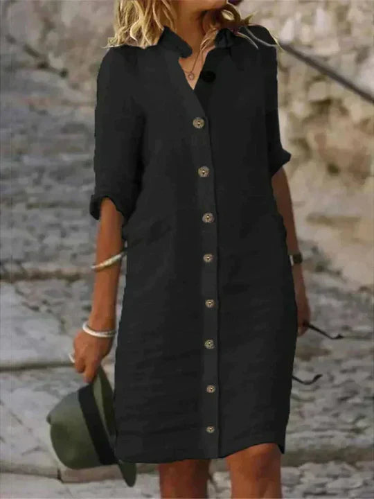 Leichtes Hemdblusenkleid mit Knopfleiste & Kragen – Sommerkleid im Leinen-Look für Urlaub & Alltag