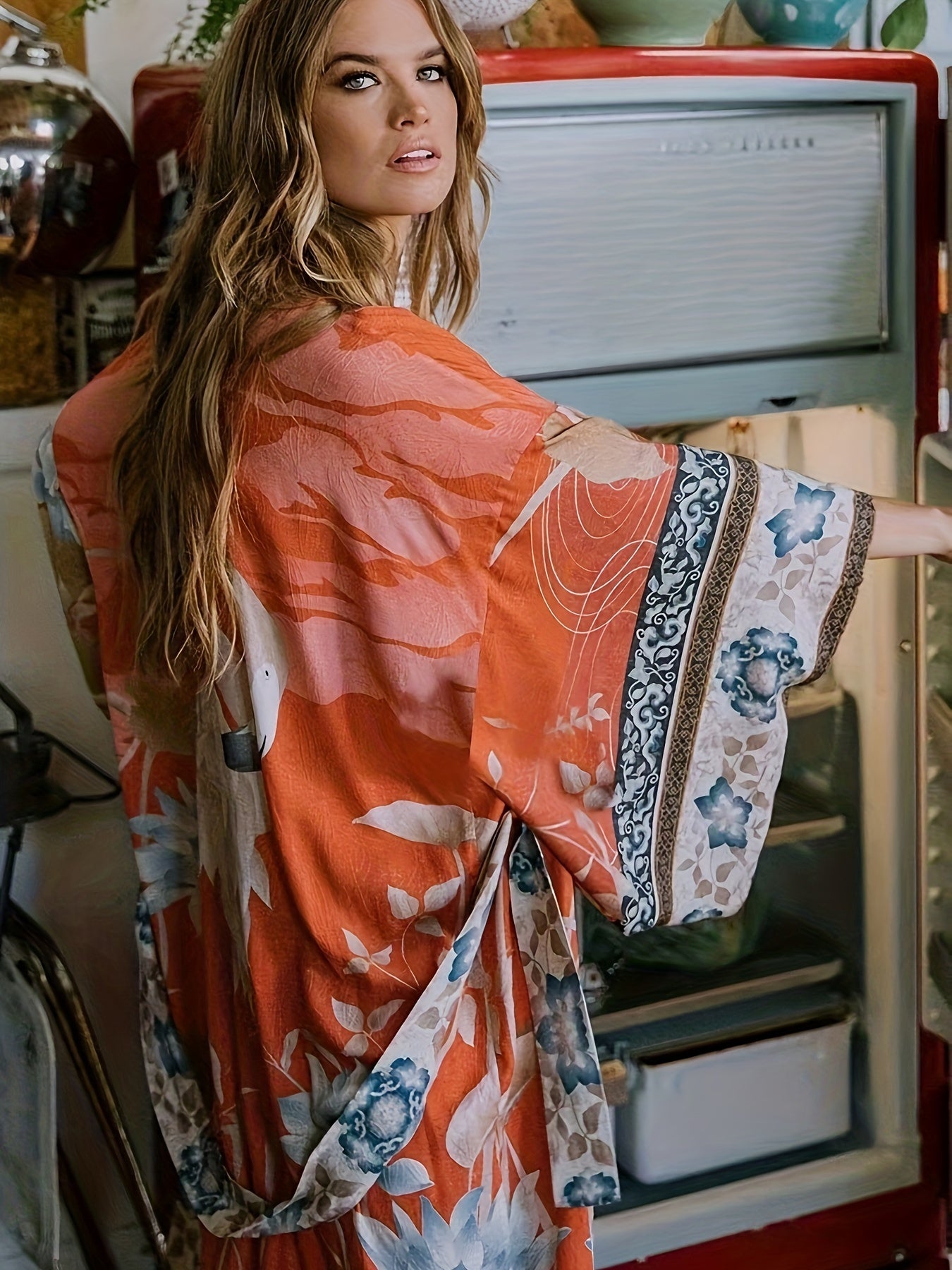 Langer Kimono mit Blumenmuster – Boho Maxikleid mit Gürtel und weitem Schnitt