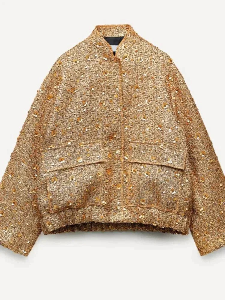 Kastige Bouclé-Jacke mit Pailletten & Oversized Fit – Modischer Blazer-Style für besondere Outfits