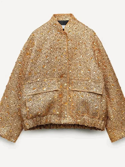Kastige Bouclé-Jacke mit Pailletten & Oversized Fit – Modischer Blazer-Style für besondere Outfits