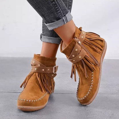 Damen Stiefeletten mit Fransen, Schnallen & Nieten – Mokassin Boots im Boho Western Look