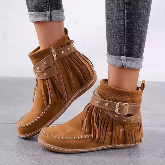 Damen Stiefeletten mit Fransen, Schnallen & Nieten – Mokassin Boots im Boho Western Look