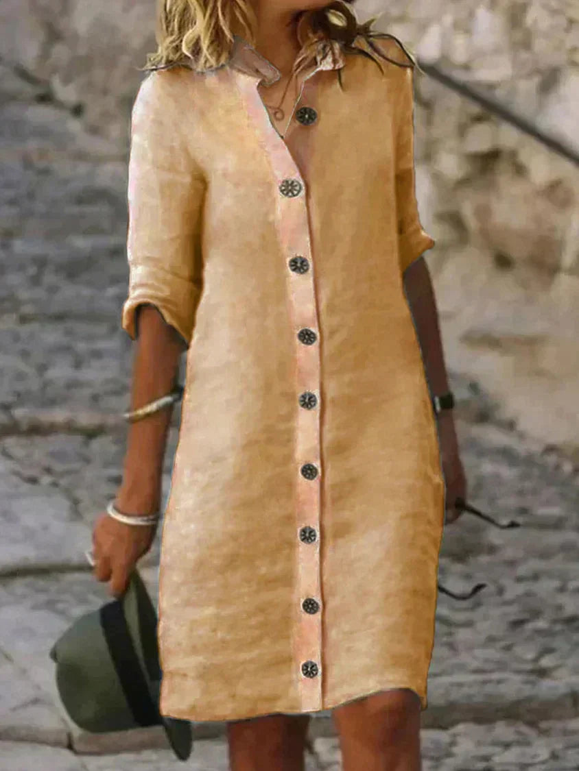 Leichtes Hemdblusenkleid mit Knopfleiste & Kragen – Sommerkleid im Leinen-Look für Urlaub & Alltag