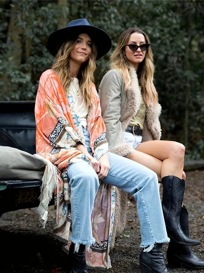 Langer Kimono mit Blumenmuster – Boho Maxikleid mit Gürtel und weitem Schnitt