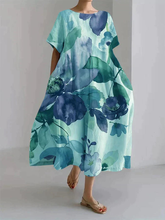Locker geschnittenes Leinenkleid mit floralem Aquarell-Print
