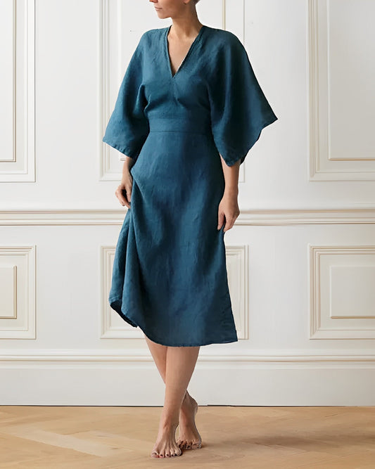 Leichtes Damen-Kleid mit V-Ausschnitt – Lockeres Leinen-Style Midikleid mit weitem Ärmel